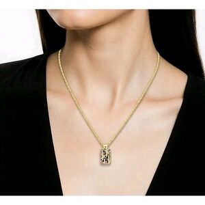 Christian‎ Dior Vintage Monogram Oblique Pendant Necklace Gold Tone Blue Logo